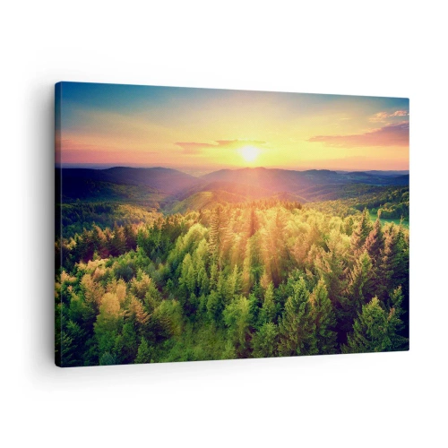 Impression sur toile - Image sur toile - Paysage forestier avec coucher de soleil sur les collines - 70x50cm - Monts et sommets - Décoration murale moderne pour le salon et la chambre ARTTOR