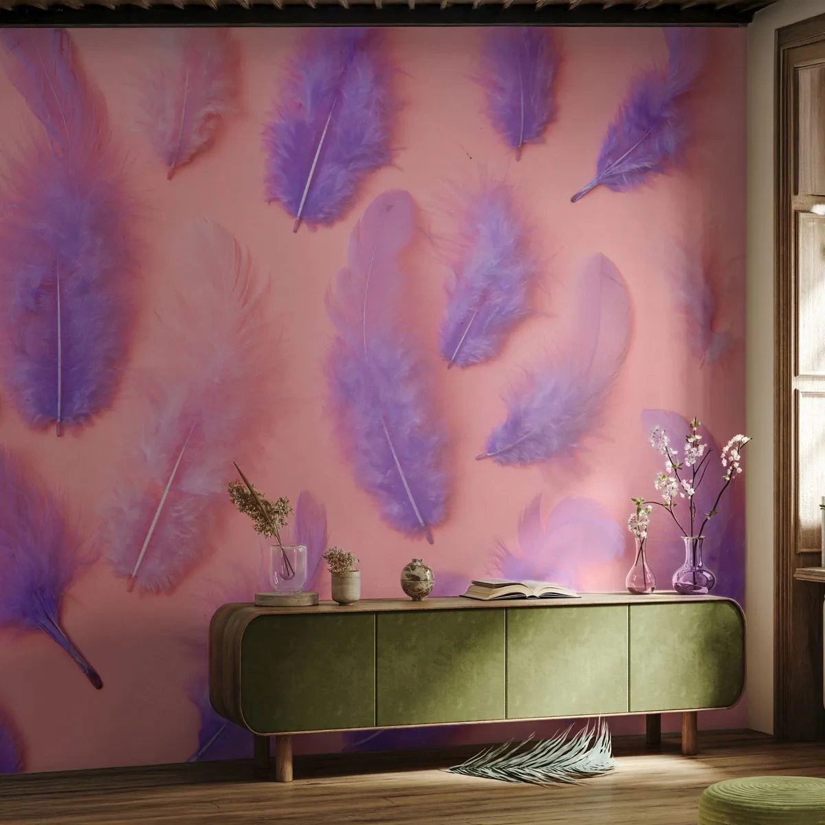 Papier Peint Photo Premium Sand - Oiseau de désir lilas - Plume d'oiseau, Inspiration, Graphique - 250x175 cm