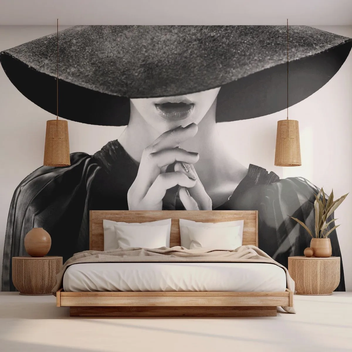 Papier Peint Photo Premium Sand - Femme élégante en noir avec un grand chapeau dans une photo glamour - 100x70cm - Beauté cachée - Décoration murale moderne pour le salon et la chambre ARTTOR