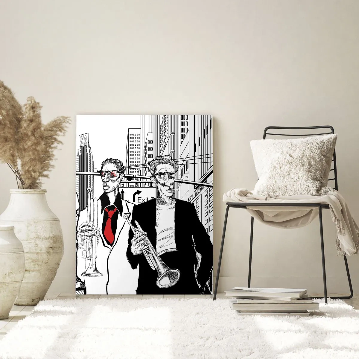 Impression sur verre - Image sur verre - Illustration de musiciens de jazz sur fond urbain - 70x100cm - Rhapsodie urbaine en noir et rouge - Décoration murale moderne pour le salon et la chambre ARTTOR