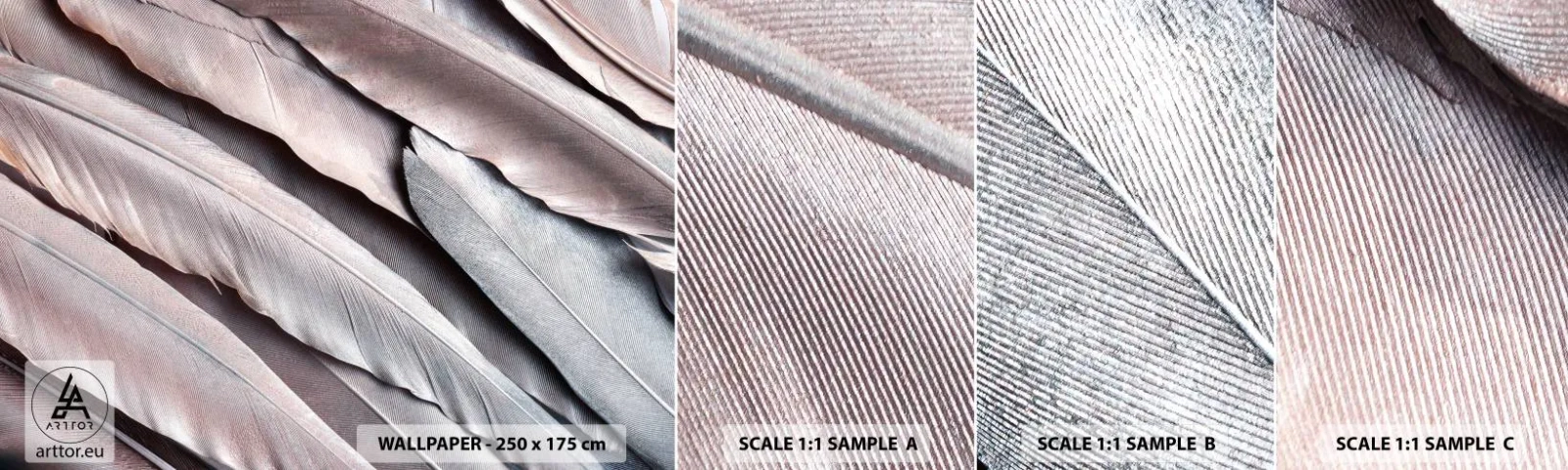 Échantillon de Papier Peint Autocollant Deluxe Sticker - En argent rose - Plume oiseau, Graphique, Bohème - 100x30 cm