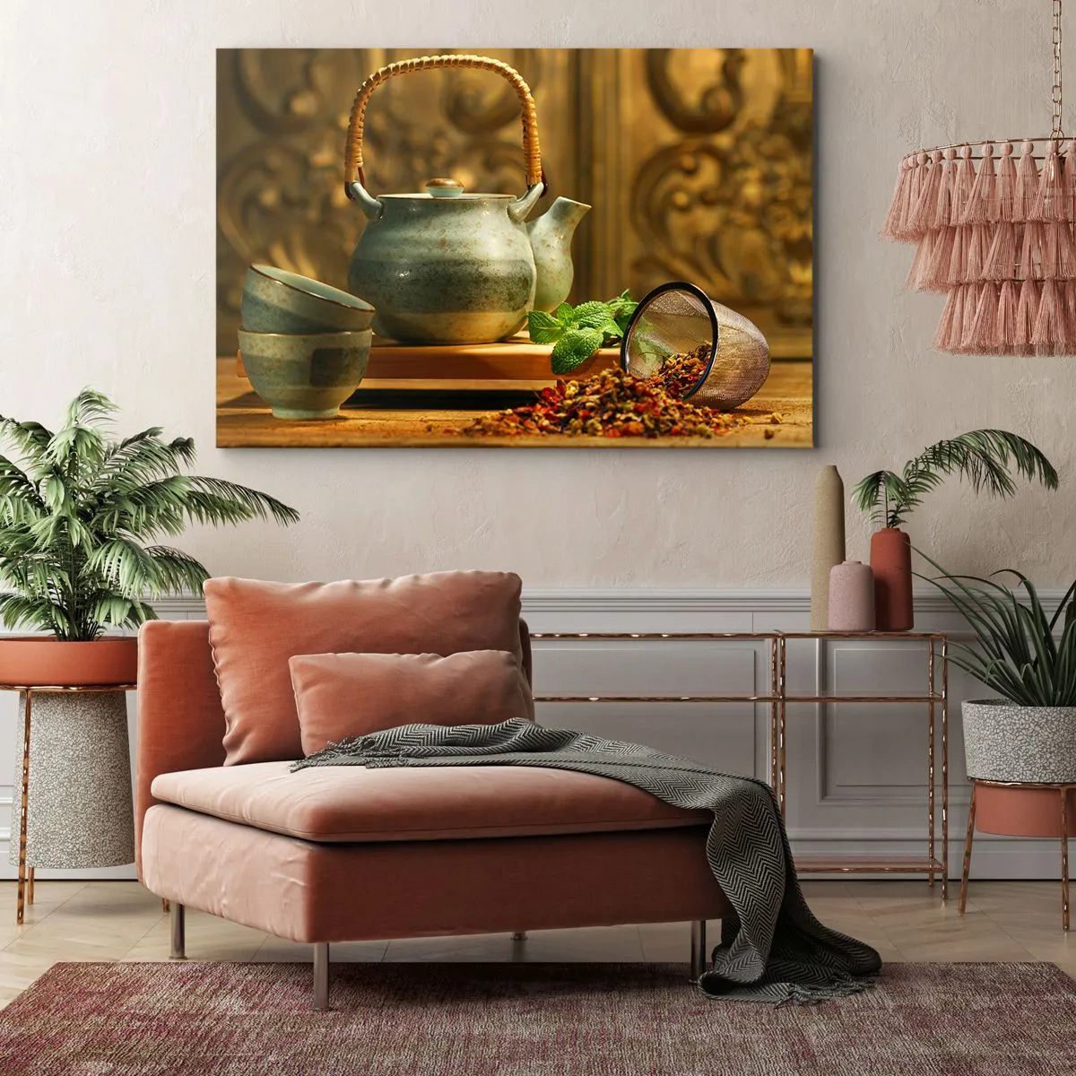 Impression sur toile - Image sur toile - Pichet en céramique avec tasses et thé séché - 70x50cm - Un traité sur la consommation de thé - Décoration murale moderne pour le salon et la chambre ARTTOR
