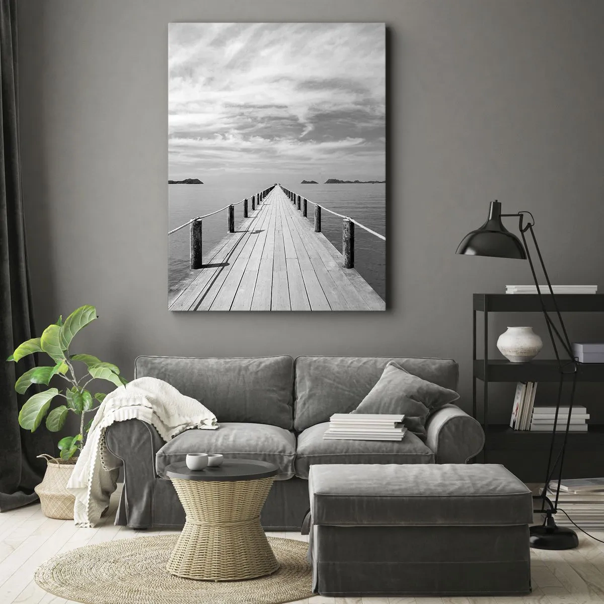 Impression sur toile - Image sur toile - Une jetée en bois menant au loin sur une mer calme - 80x120cm - Et peut-être un voyage... - Décoration murale moderne pour le salon et la chambre ARTTOR