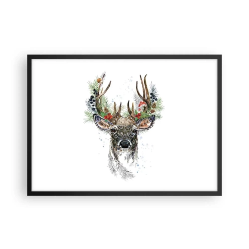 Affiche dans un cadre noir - Poster - Cerf stylisé avec des bois décoratifs sur fond blanc - 70x50cm - En robe de fête - Décoration murale moderne pour le salon et la chambre ARTTOR
