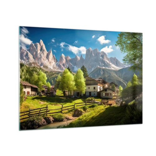 Impression sur verre - Image sur verre - Développement rural dans la verdure au pied des sommets alpins - 70x50cm - Idylle alpine - Décoration murale moderne pour le salon et la chambre ARTTOR