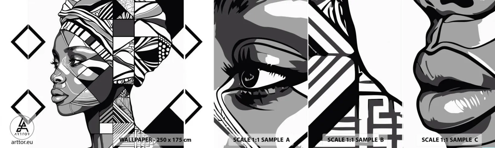 Échantillon de Papier Peint Autocollant Deluxe Sticker - Portrait ethnique - Portrait, Afro-américain, Turban - 100x30 cm