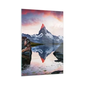 Impression sur verre - Image sur verre - Un sommet de montagne se reflétant dans la surface calme d'un lac au coucher du soleil - 50x70cm - Le coeur des montagnes est chaud - Décoration murale moderne pour le salon et la chambre ARTTOR