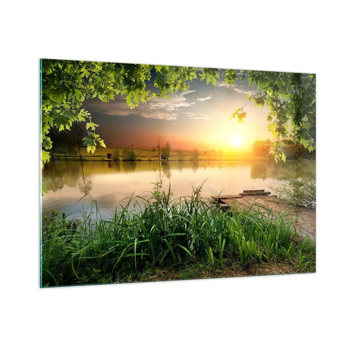 Impression sur verre - Image sur verre - Paysage avec un lac entouré de verdure au coucher du soleil - 100x70cm - Paysage dans un cadre verdoyant - Décoration murale moderne pour le salon et la chambre ARTTOR