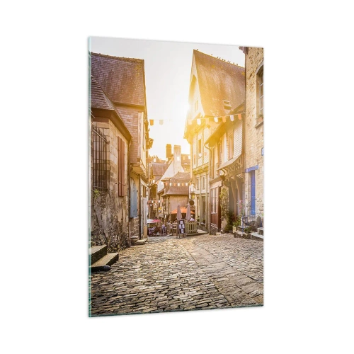Impression sur verre - Image sur verre - Une charmante rue de la ville avec un chat blanc et un vélo - 50x70cm - Aux confins du monde - Décoration murale moderne pour le salon et la chambre ARTTOR