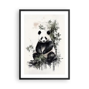 Affiche dans un cadre noir - Poster - Panda aquarelle entouré de feuilles de bambou - 50x70cm - Salutations de Chine - Décoration murale moderne pour le salon et la chambre ARTTOR