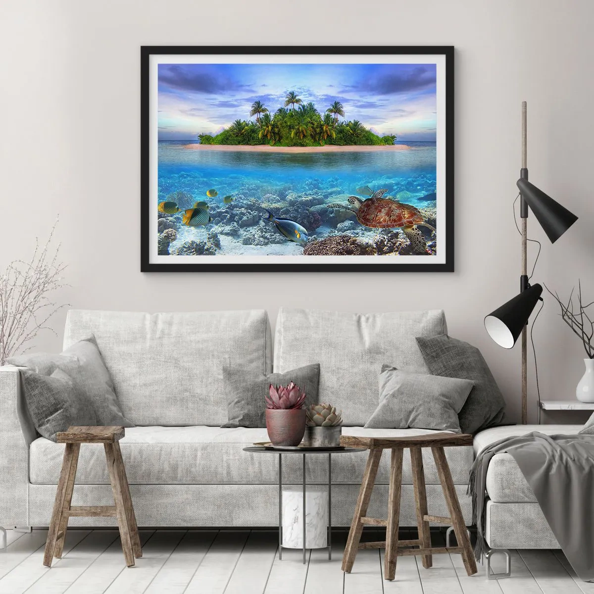 Affiche dans un cadre noir - Poster - Une île tropicale entourée d'un océan turquoise avec un récif de corail et des poissons. - 100x70cm - L'île céleste vous invite - Décoration murale moderne pour le salon et la chambre ARTTOR