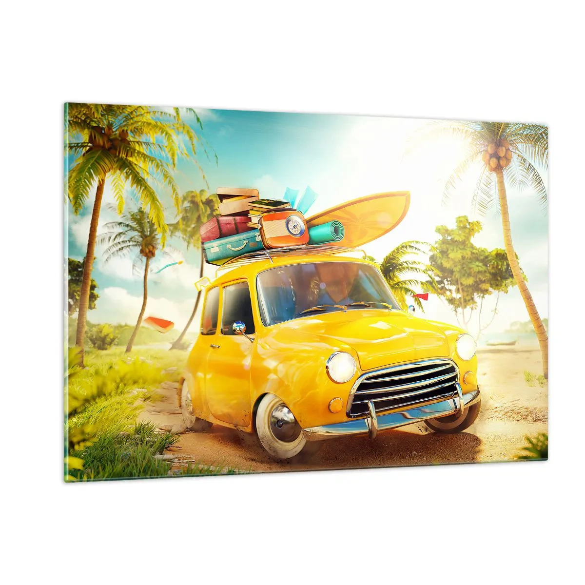 Impression sur verre - Image sur verre - Une voiture jaune avec des bagages sur le toit sur une plage tropicale. - 120x80cm - Un voyage pour plus d'un sourire - Décoration murale moderne pour le salon et la chambre ARTTOR