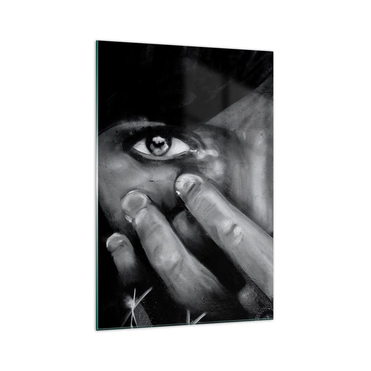 Impression sur verre - Image sur verre - Portrait en noir et blanc d'une femme se couvrant le visage avec ses mains. - 70x100cm - Je ne dirai pas qui a peint - Décoration murale moderne pour le salon et la chambre ARTTOR