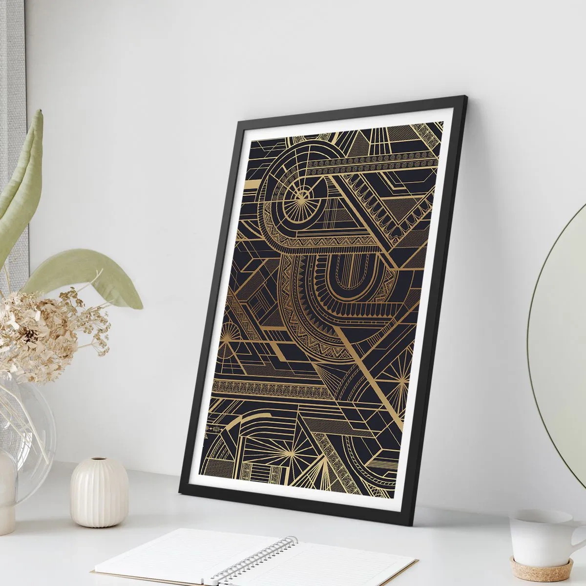 Affiche dans un cadre noir - Poster - Motif géométrique dans des tons dorés sur fond noir - 50x70cm - Concept, idée, plan - Décoration murale moderne pour le salon et la chambre ARTTOR