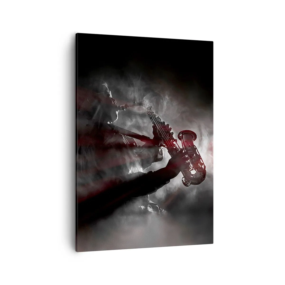 Impression sur toile - Image sur toile - Saxophoniste en fumée sur scène en noir et rouge atmosphérique - 50x70cm - Dans les brumes du jazz - Décoration murale moderne pour le salon et la chambre ARTTOR