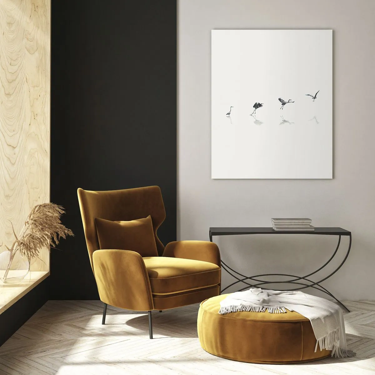 Impression sur verre - Image sur verre - Quatre silhouettes d'oiseaux se reflètent dans l'eau calme - 80x120cm - Quatre étapes simples - Décoration murale moderne pour le salon et la chambre ARTTOR