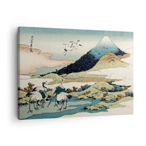 Impression sur toile - Image sur toile - Graphismes japonais traditionnels avec des montagnes et des grues - 70x50cm - Avec une âme japonnaise - Décoration murale moderne pour le salon et la chambre ARTTOR