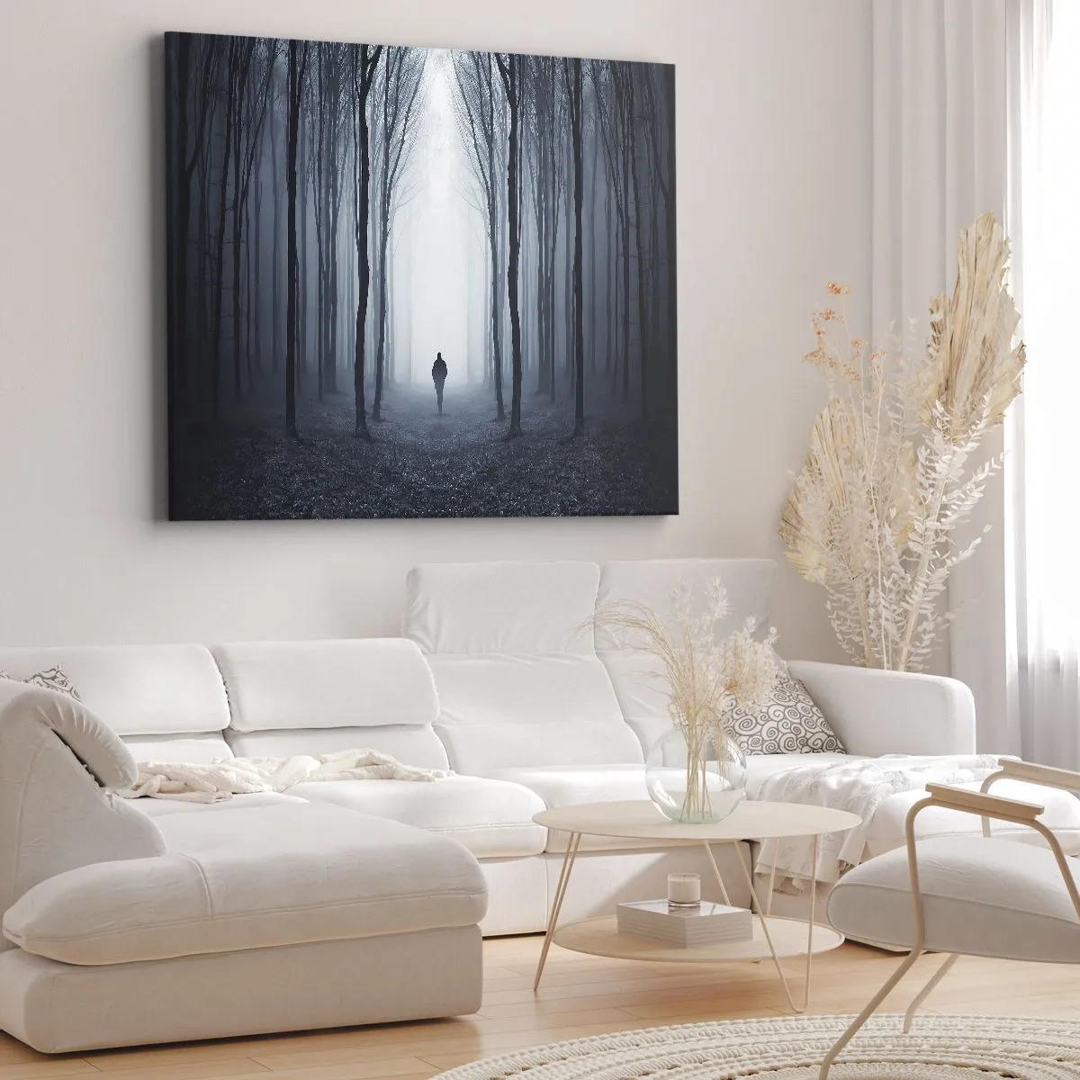 Impression sur toile - Image sur toile - Une silhouette marchant parmi les arbres dans une forêt brumeuse - 70x50cm - Tout est simple et clair - Décoration murale moderne pour le salon et la chambre ARTTOR
