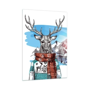 Impression sur verre - Image sur verre - Un cerf en pull et écharpe sur fond de paysage de montagne - 50x70cm - Même le cerf ne gèle pas - Décoration murale moderne pour le salon et la chambre ARTTOR