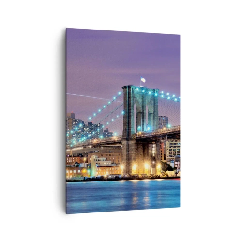 Impression sur toile - Image sur toile - Le pont de Brooklyn la nuit avec la ville illuminée en arrière-plan - 70x100cm - Depuis de nombreuses années le pont de Brooklyn - Décoration murale moderne pour le salon et la chambre ARTTOR