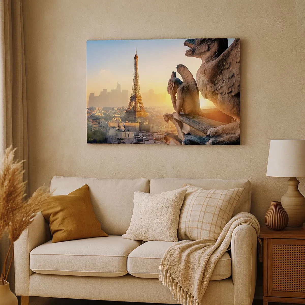 Impression sur toile - Image sur toile - Vue de la Tour Eiffel avec des gargouilles en arrière-plan - 70x50cm - Tellement de choses ont changés... - Décoration murale moderne pour le salon et la chambre ARTTOR