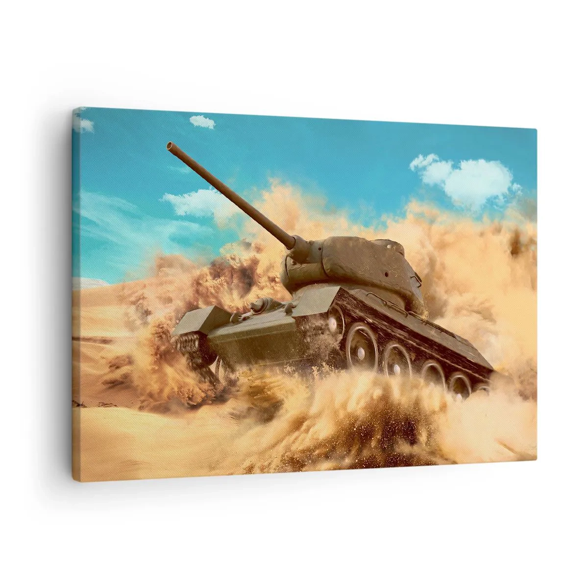 Impression sur toile - Image sur toile - Un char en action dans le désert, entouré de poussière de sable. - 70x50cm - Insurmontable - Décoration murale moderne pour le salon et la chambre ARTTOR