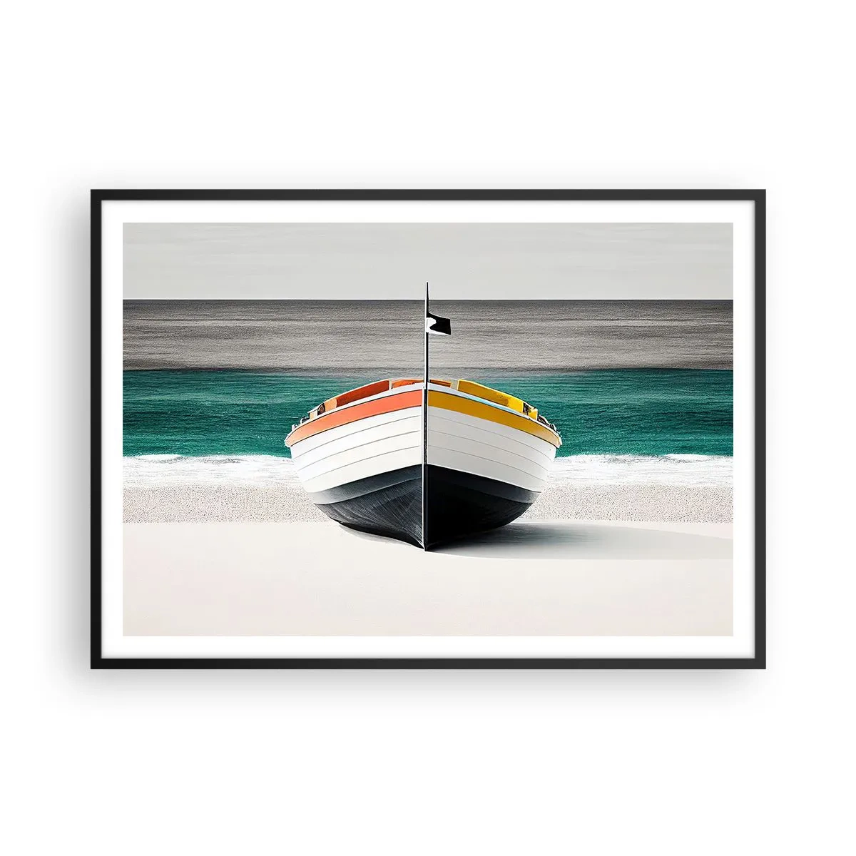 Affiche dans un cadre noir - Poster - Un bateau sur la plage avec une mer turquoise en arrière-plan - 100x70cm - A sa place - Décoration murale moderne pour le salon et la chambre ARTTOR