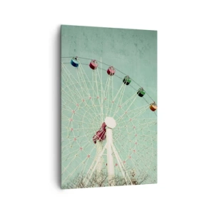 Impression sur toile - Image sur toile - Une grande roue colorée contre un ciel bleu dans un style rétro - 80x120cm - Nous vous invitons à vous amuser - Décoration murale moderne pour le salon et la chambre ARTTOR