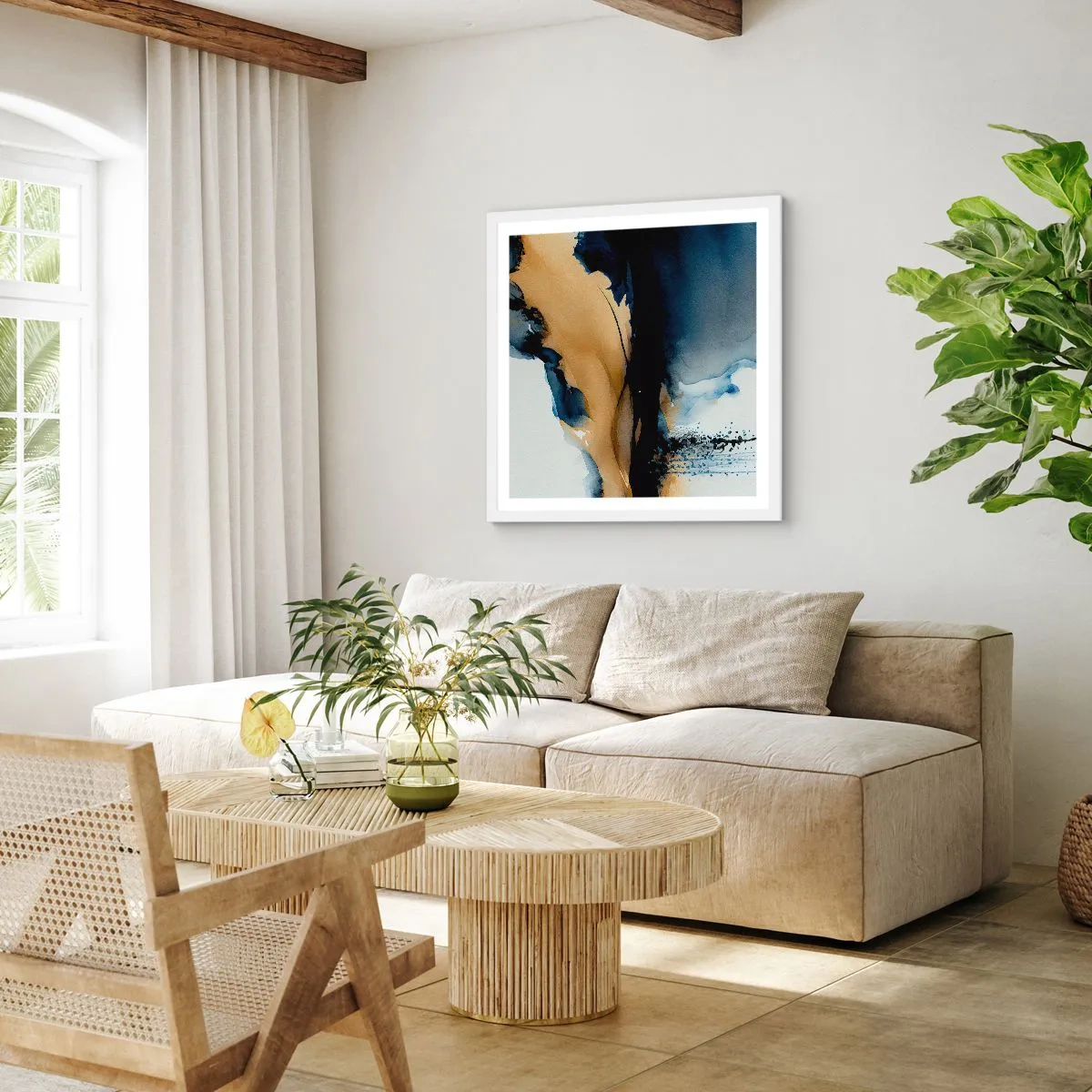 Affiche dans un cadre blanc - Poster - Derrière le rideau - 50x50 cm