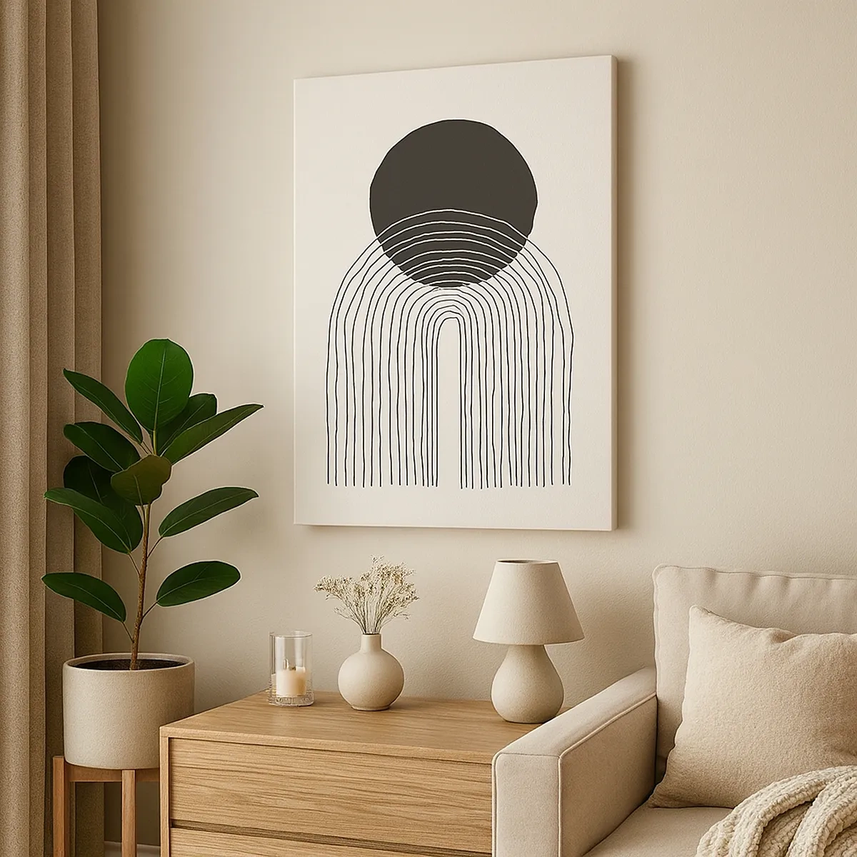 Impression sur toile - Image sur toile - Motif abstrait avec des lignes et un cercle noir sur un fond clair - 50x70cm - Tremblement et confiance - Décoration murale moderne pour le salon et la chambre ARTTOR