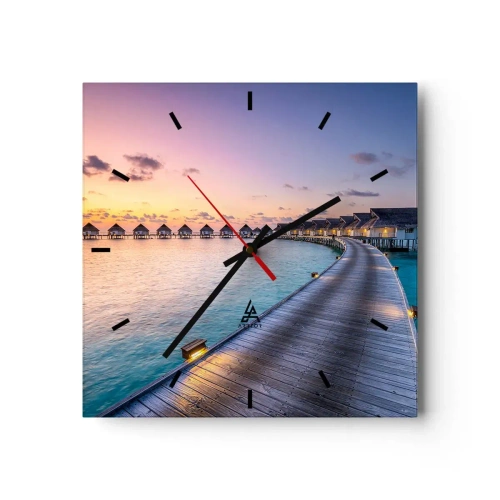 Horloge murale - Pendule murale - La jetée menant aux chalets au bord de l'eau au coucher du soleil - 30x30cm - Vacances - retour aux sources - Décoration murale moderne pour le salon et la chambre ARTTOR