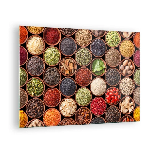 Impression sur verre - Image sur verre - Une composition de diverses épices dans des bols en bois - 70x50cm - Toutes les saveurs du monde - Décoration murale moderne pour le salon et la chambre ARTTOR