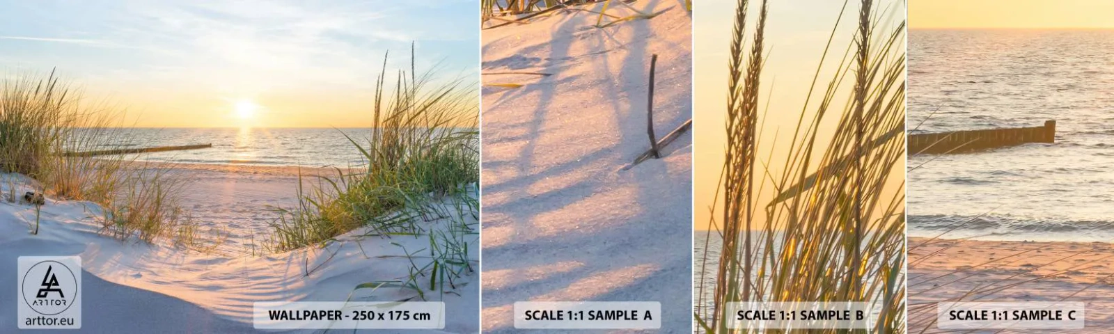 Échantillon De Papier Peint Standard Eco - Le bruit de la mer, le chant des oiseaux, une plage sauvage parmi les herbes… - Paysage, Mer, Dunes - 100x30 cm