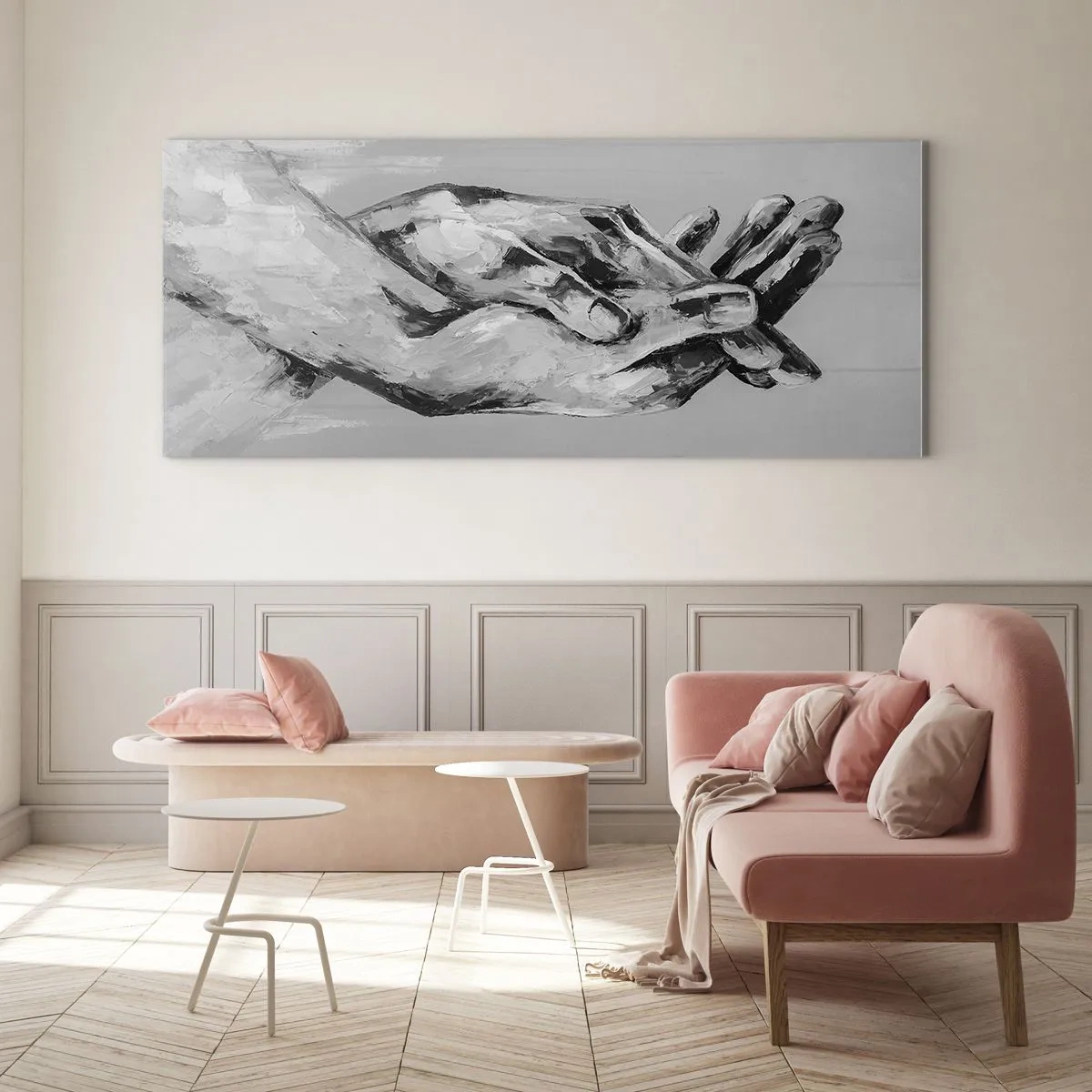 Impression sur verre - Image sur verre - Une composition en noir et blanc de deux mains jointes sur un fond clair. - 140x50cm - Début... - Décoration murale moderne pour le salon et la chambre ARTTOR