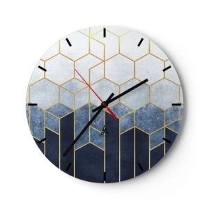 Horloge murale - Pendule murale - Motif de cube géométrique dans les tons de bleu et d'or - 30x30cm - Composition en rythme syncopé - Décoration murale moderne pour le salon, la cuisine et la chambre ARTTOR