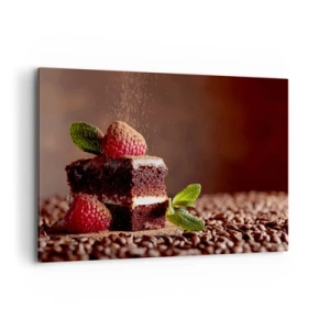 Impression sur toile - Image sur toile - Gâteau au chocolat aux framboises et à la menthe sur fond de fèves de cacao - 100x70cm - La vie est douce - Décoration murale moderne pour le salon et la chambre ARTTOR