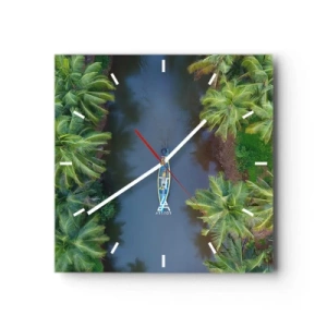 Horloge murale - Pendule murale - Vue aérienne d'un bateau sur une rivière entourée de palmiers - 30x30cm - Sur un sentier tropical - Décoration murale moderne pour le salon et la chambre ARTTOR