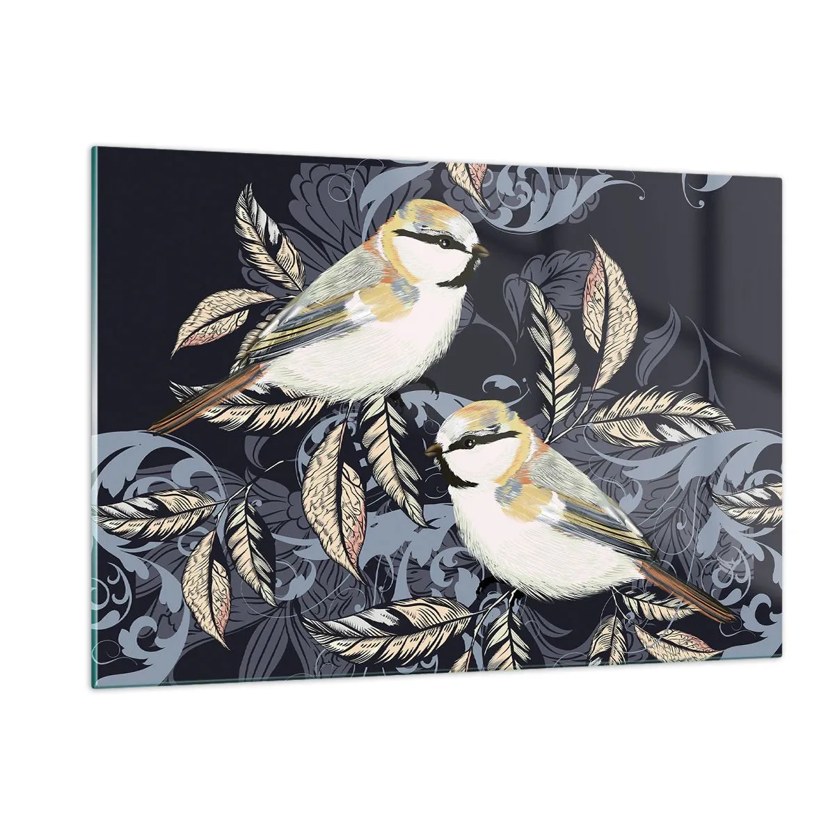 Impression sur verre - Image sur verre - Illustration de deux oiseaux sur un fond sombre avec des ornements - 120x80cm - Babillement jaune et bleu - Décoration murale moderne pour le salon et la chambre ARTTOR