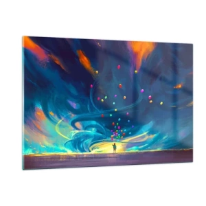 Impression sur verre - Image sur verre - Une personne tenant des ballons colorés sur un fond de vent bleu. - 120x80cm - Au vent bleu ciel - Décoration murale moderne pour le salon et la chambre ARTTOR