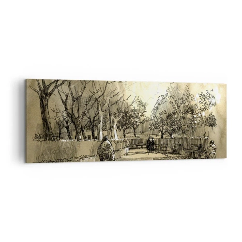 Impression sur toile - Image sur toile - Une scène de dessin animé d'un parc avec des gens marchant dans des tons chauds. - 140x50cm - Un moment arrêté avec une plume - Décoration murale moderne pour le salon et la chambre ARTTOR