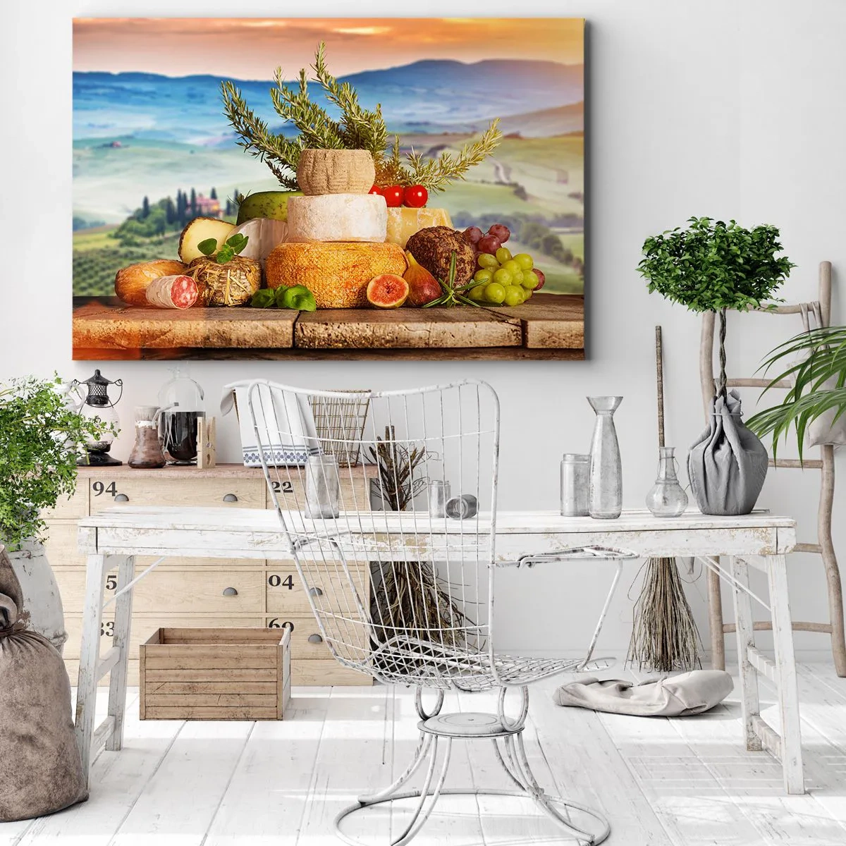 Impression sur toile - Image sur toile - Une composition de fromages et de fruits sur fond de paysage toscan - 100x70cm - La joie de vivre à l'italienne - Décoration murale moderne pour le salon et la chambre ARTTOR