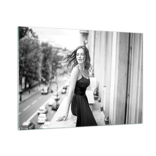 Impression sur verre - Image sur verre - Une femme en robe noire sur un balcon de style parisien - 100x70cm - Certainement un Parisien - Décoration murale moderne pour le salon et la chambre ARTTOR