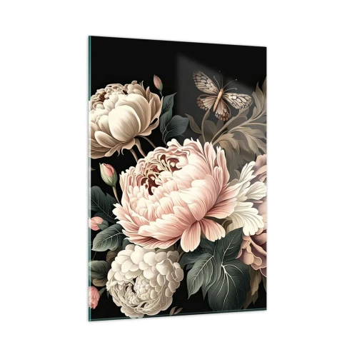 Impression sur verre - Image sur verre - Composition florale avec des papillons sur fond noir - 50x70cm - De style baroque - Décoration murale moderne pour le salon et la chambre ARTTOR