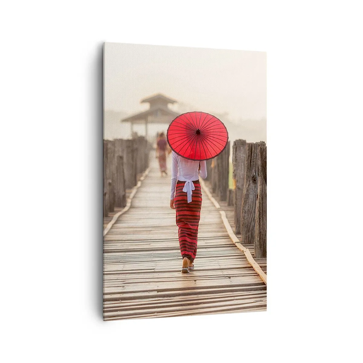 Impression sur toile - Image sur toile - Une femme avec un parapluie rouge sur un pont en bois - 80x120cm - Sur le vieux pont - Décoration murale moderne pour le salon et la chambre ARTTOR