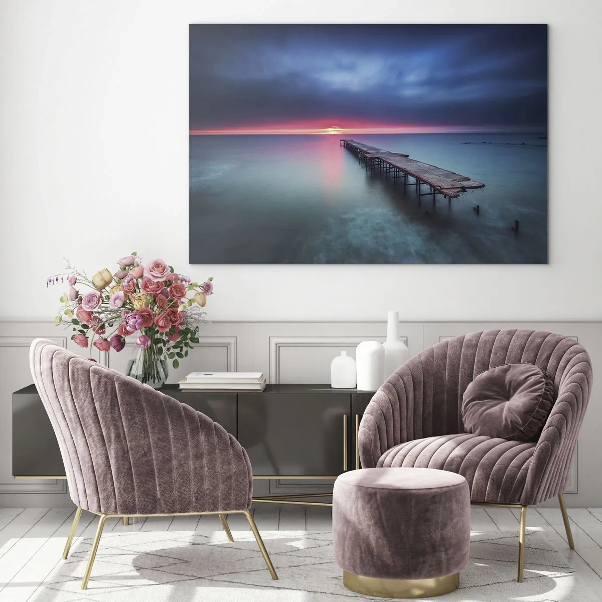 Impression sur verre - Image sur verre - Jetée menant vers le soleil couchant - 70x50cm - Entre le ciel et la terre - Décoration murale moderne pour le salon et la chambre ARTTOR