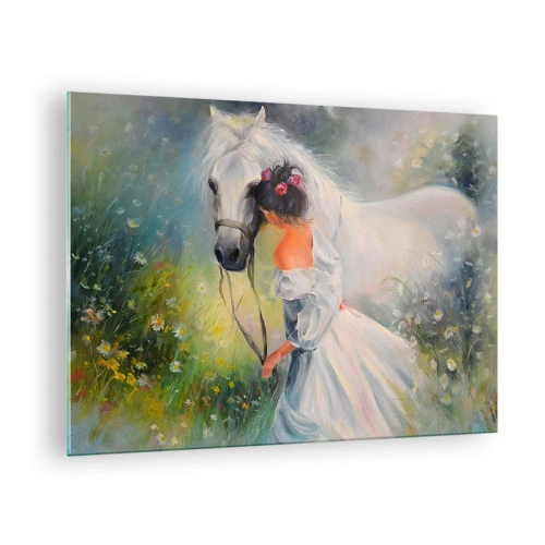 Impression sur verre - Image sur verre - Une femme en robe blanche avec un cheval blanc dans un pré plein de fleurs. - 70x50cm - Comme dans un beau rêve - Décoration murale moderne pour le salon et la chambre ARTTOR
