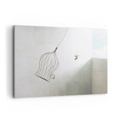 Impression sur toile - Image sur toile - Un oiseau libéré d'une cage sur fond de ciel lumineux - 120x80cm - Dans son élément - Décoration murale moderne pour le salon et la chambre ARTTOR