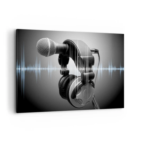 Impression sur toile - Image sur toile - Microphone et casque avec visualisation des ondes sonores en arrière-plan - 100x70cm - Vous pouvez encore entendre son chant - Décoration murale moderne pour le salon et la chambre ARTTOR