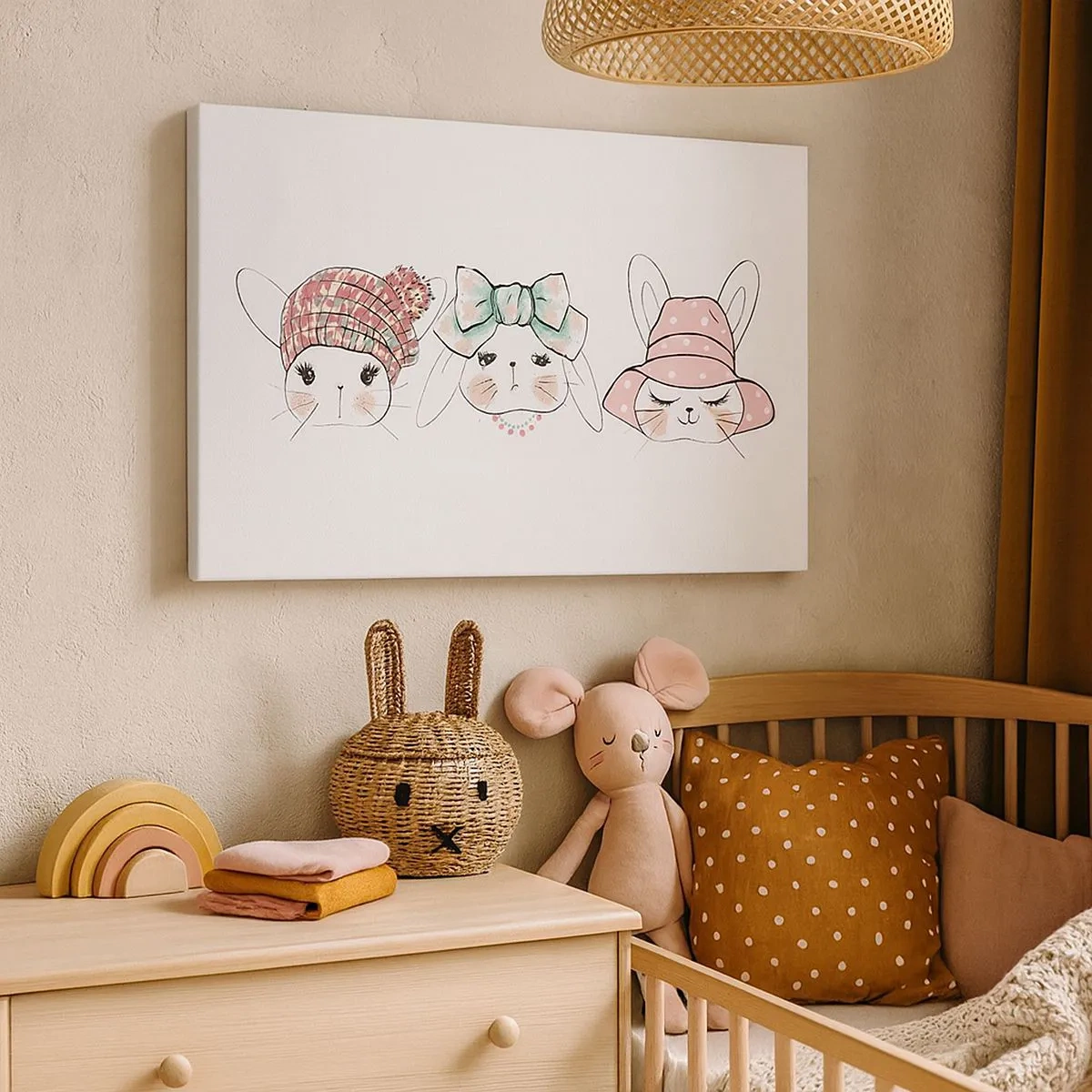 Impression sur toile - Image sur toile - Adorables lapins portant des coiffes pastel - 70x50cm - Pensif, triste, satisfait - Décoration murale moderne pour le salon et la chambre ARTTOR