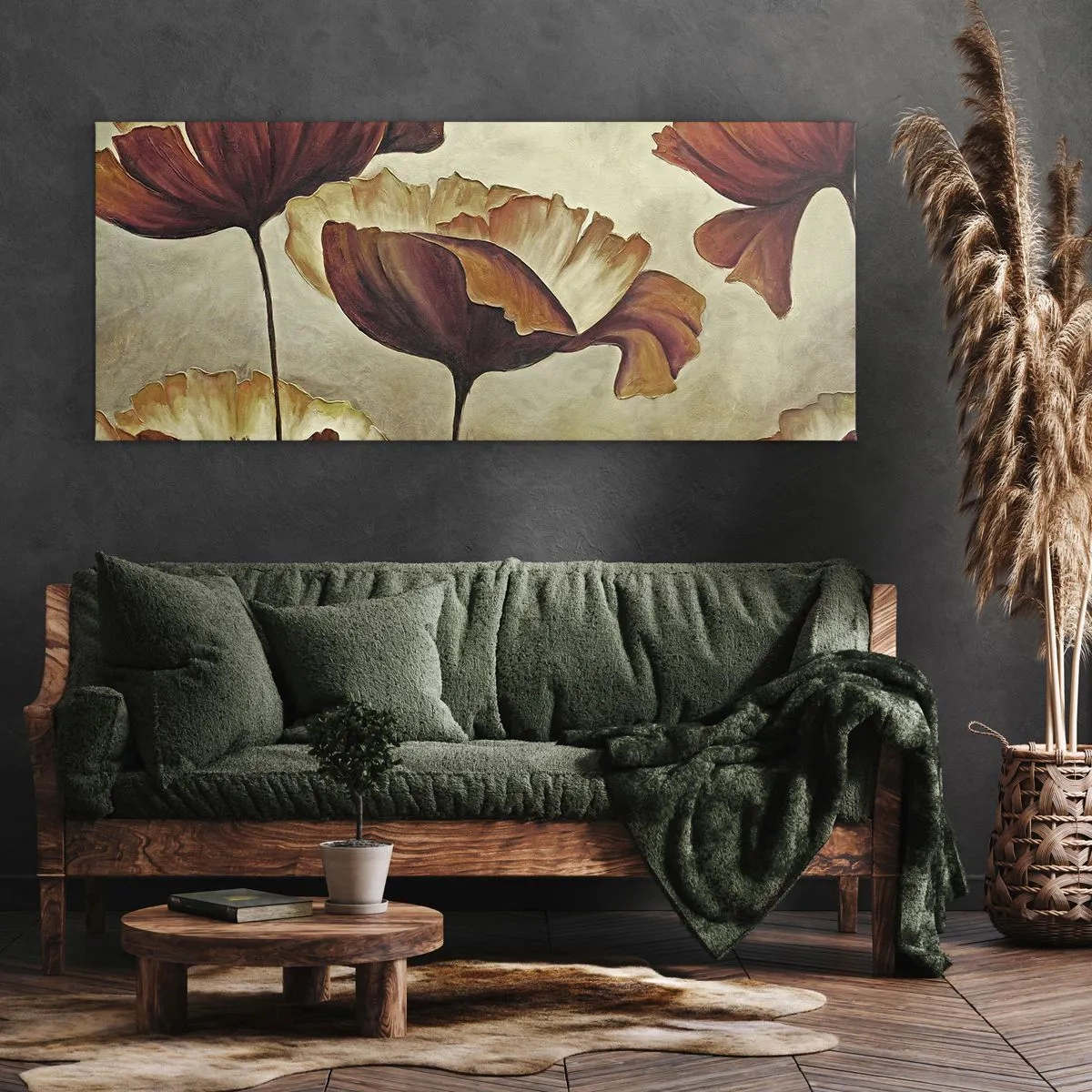 Impression sur toile - Image sur toile - Fleurs subtiles dans des tons de rouge et d'or sur un fond clair - 120x50cm - À la lisière des champs - Décoration murale moderne pour le salon et la chambre ARTTOR
